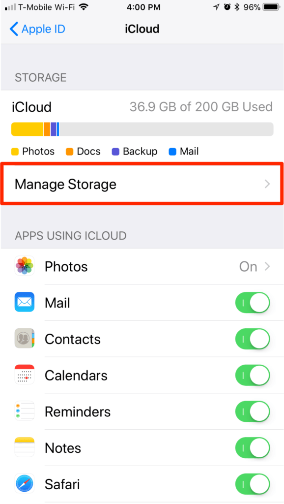 iPhone iOS 11 iCloud נהל אחסון