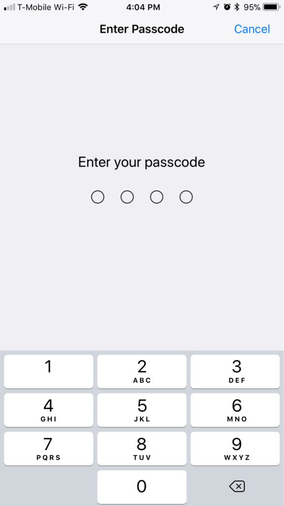 Zaslon za pristupni kôd za iPhone iOS