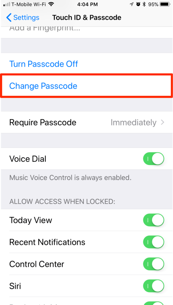 iPhone iOS piekļuves koda maiņa