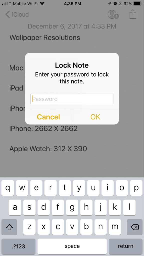 Zaslon zaključanih nota za iPhone iOS