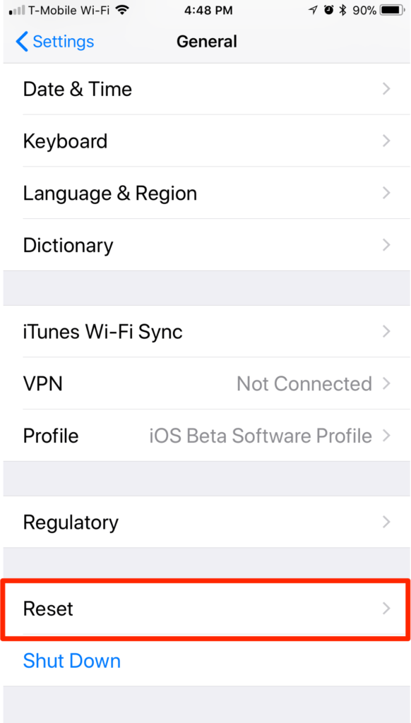הגדרות iOS של iPhone איפוס כללי