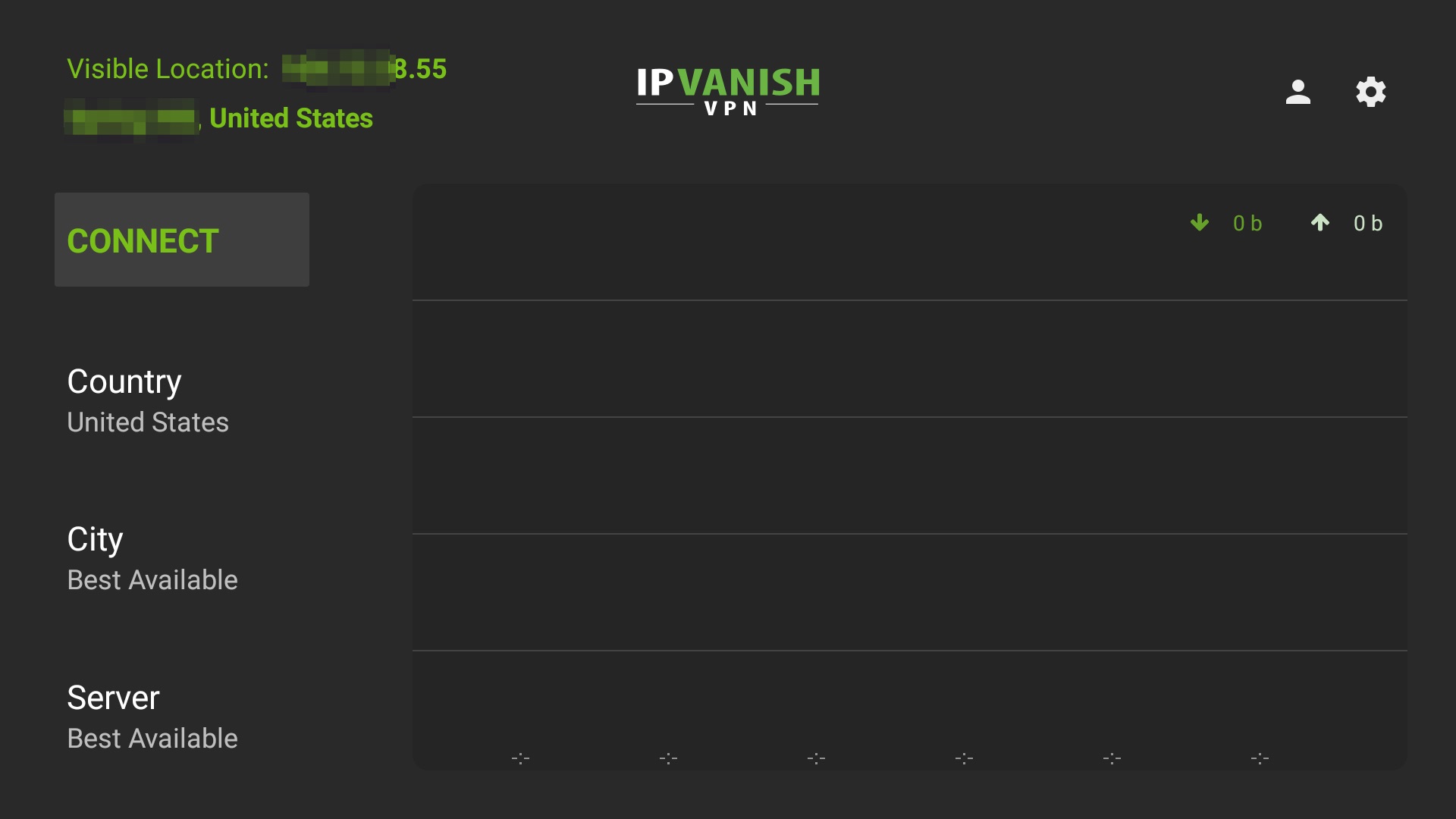 IPVanish connect -sivun kuvakaappaus