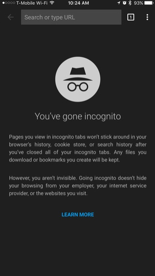Selaaminen Incognito Chromessa iOS Incognito -ikkunassa