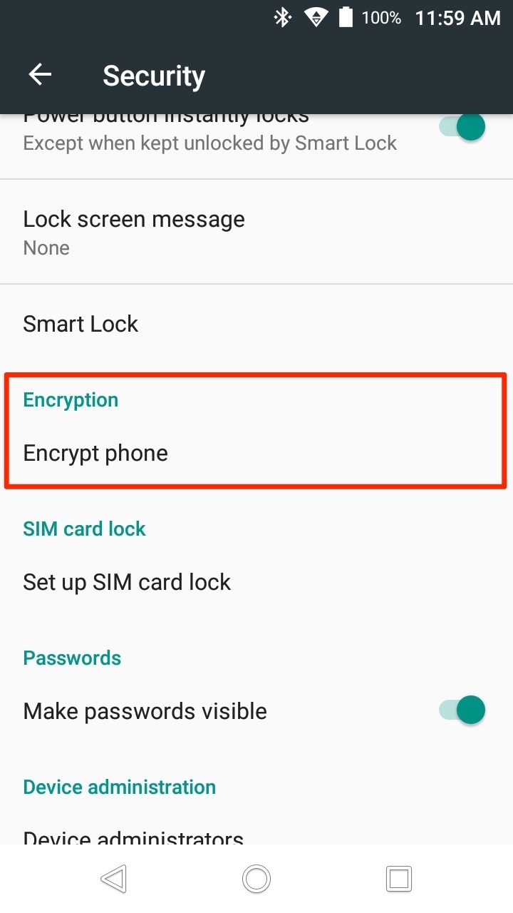 Android Phone Encryption Settings