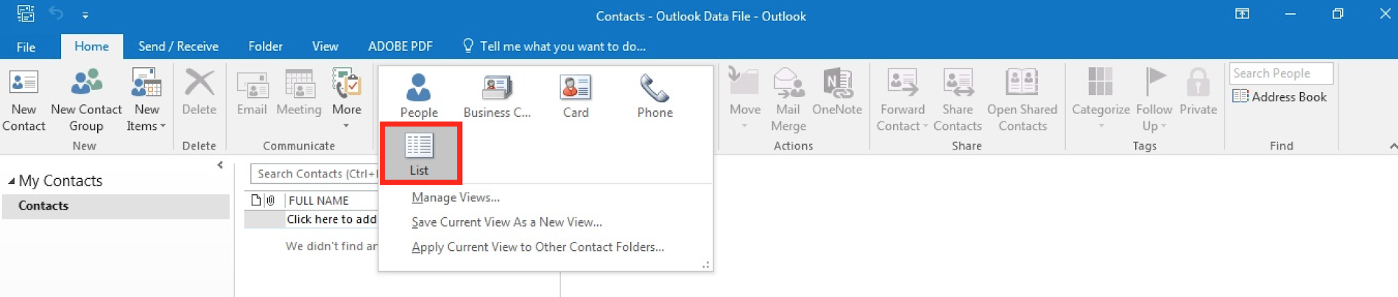 Outlook jauno e-pastu saraksta opcija