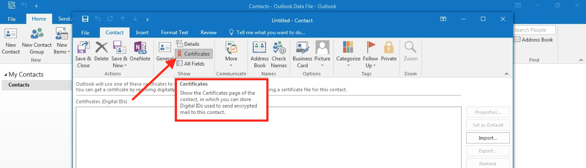 گزینه Certificates های نامه جدید Outlook
