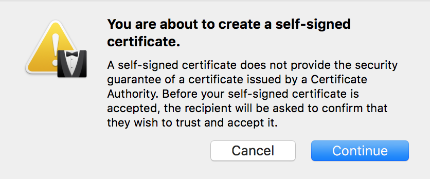 Benachrichtigungstext über selbst erstellte Zertifikate