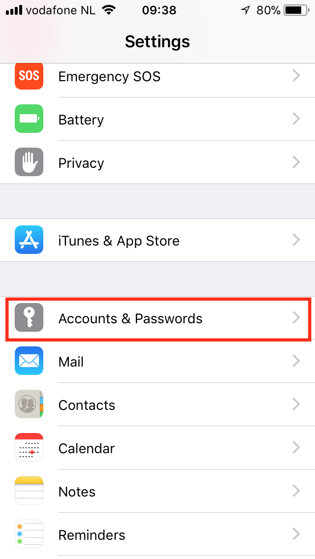 iOSアカウントとパスワードメニュー