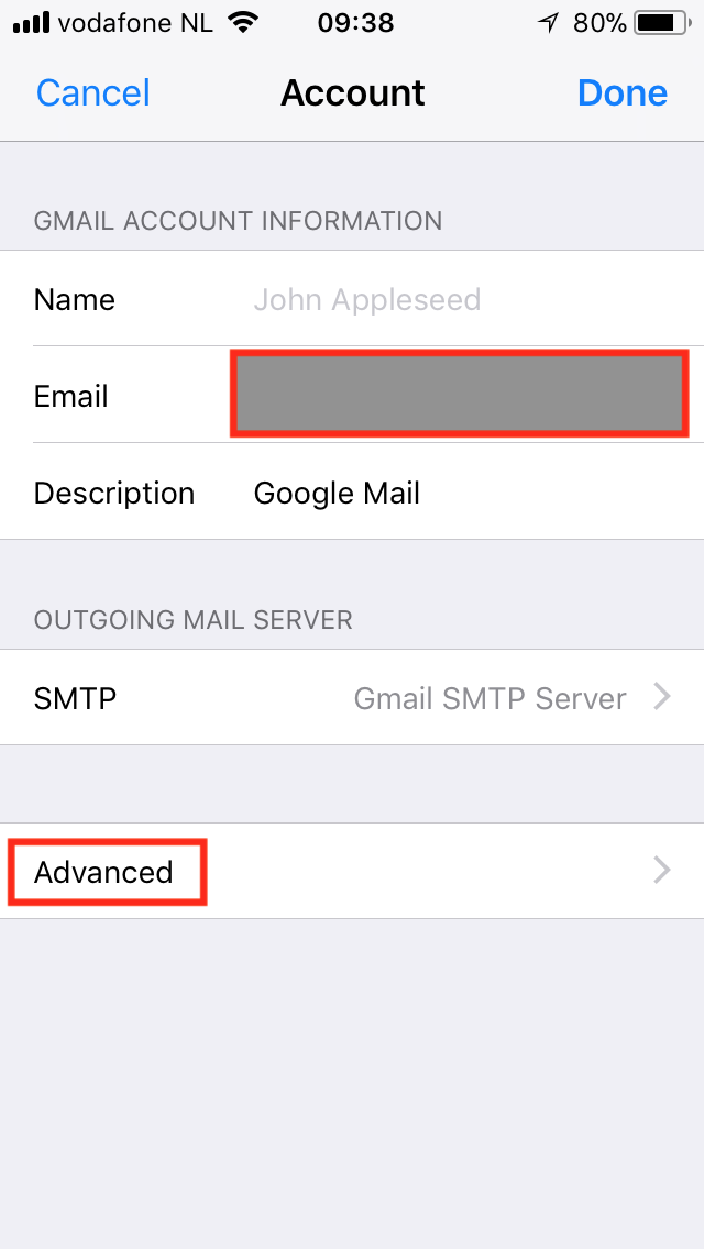 Google Mail konta papildu iOS iestatījumi