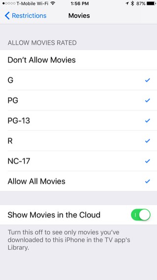 Kawalan Ibu Bapa pada Sekatan Filem Peranti iOS