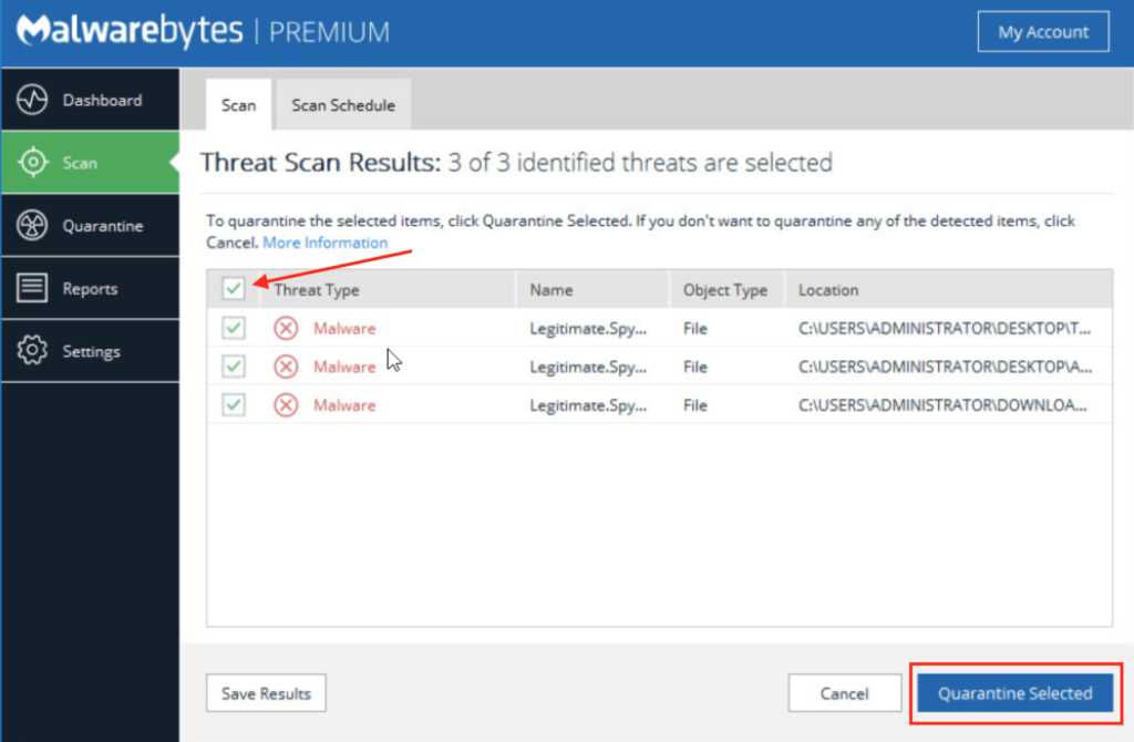Malwarebytes Threat Scan-Ergebnisse