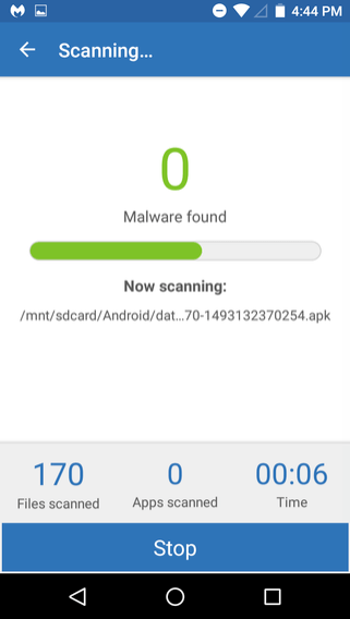 „Malwarebytes“ mobiliųjų kenkėjiškų programų nuskaitymas