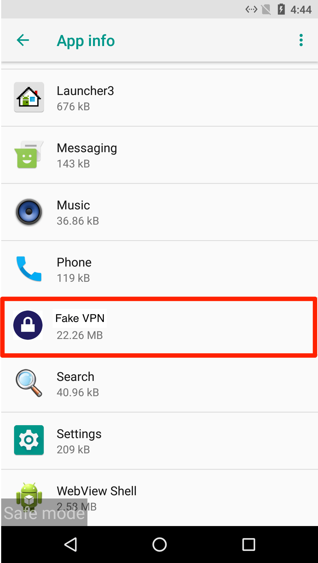 Informazioni sull'app VPN falsa in modalità provvisoria per telefono Android