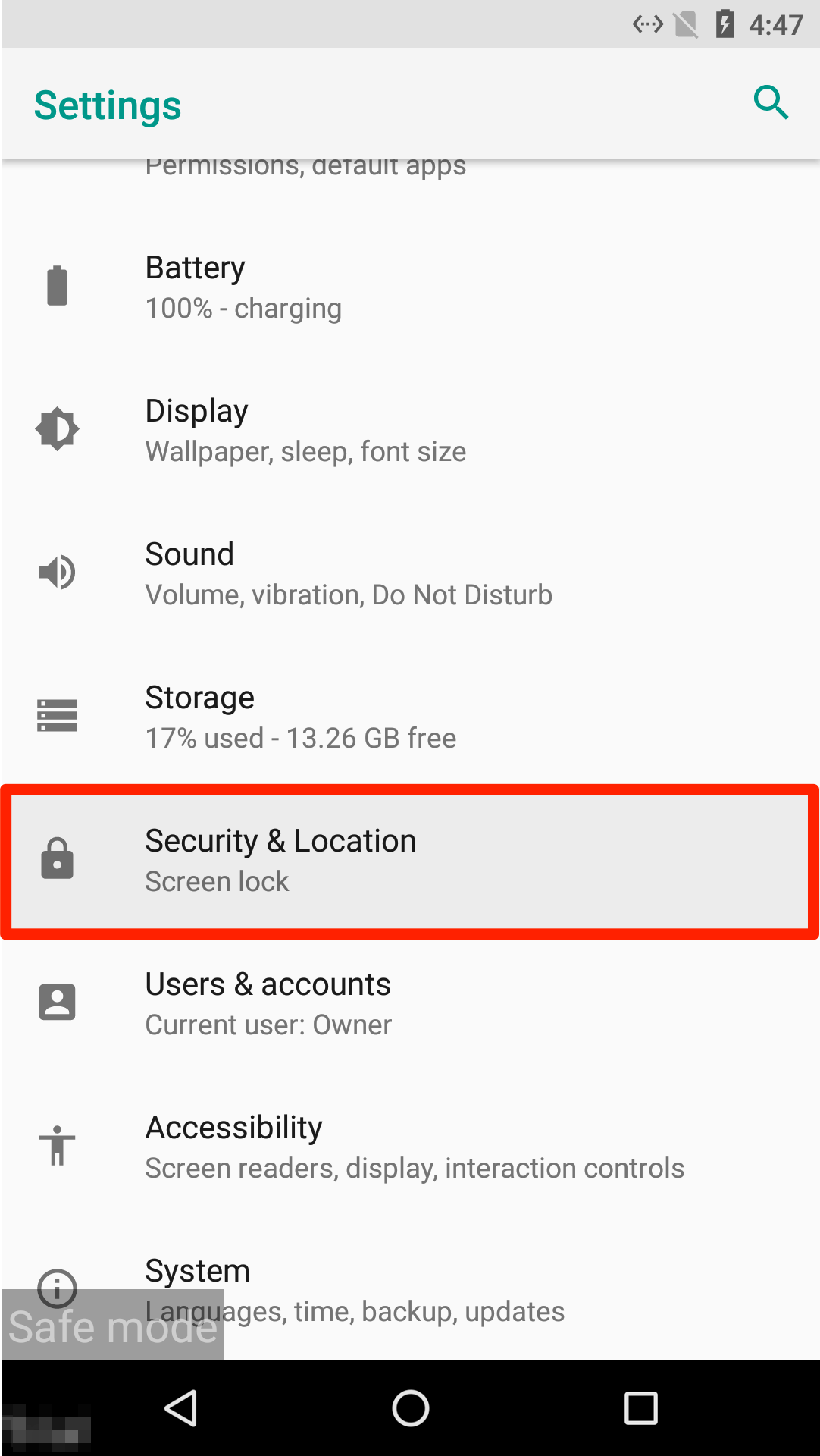 Securitate și locație în modul sigur pentru telefonul Android