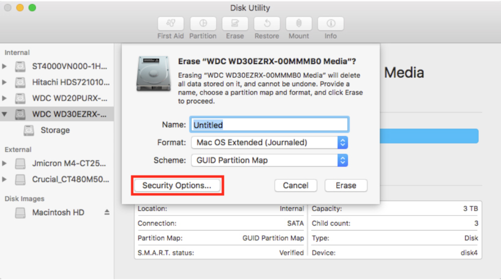 אפשרויות אבטחה של שירות macOS Disk