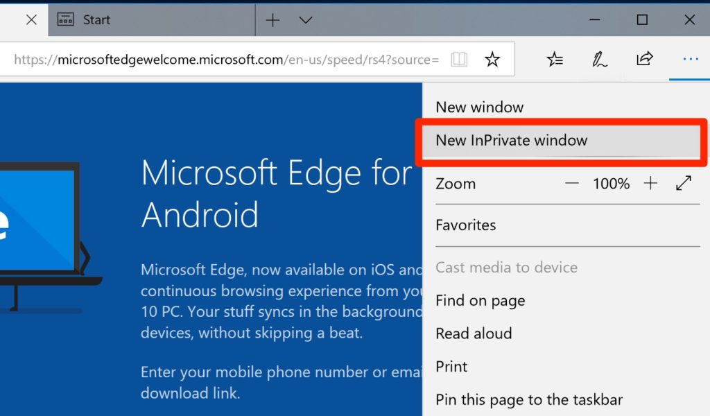 Microsoft Edge Fereastră nouă privată