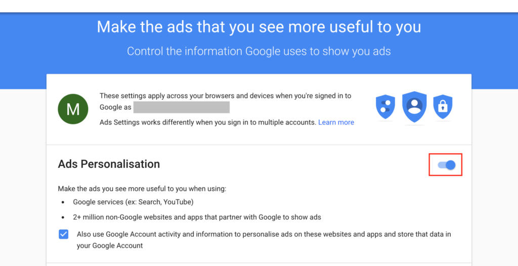 Googleが広告を表示するために使用する情報を管理する