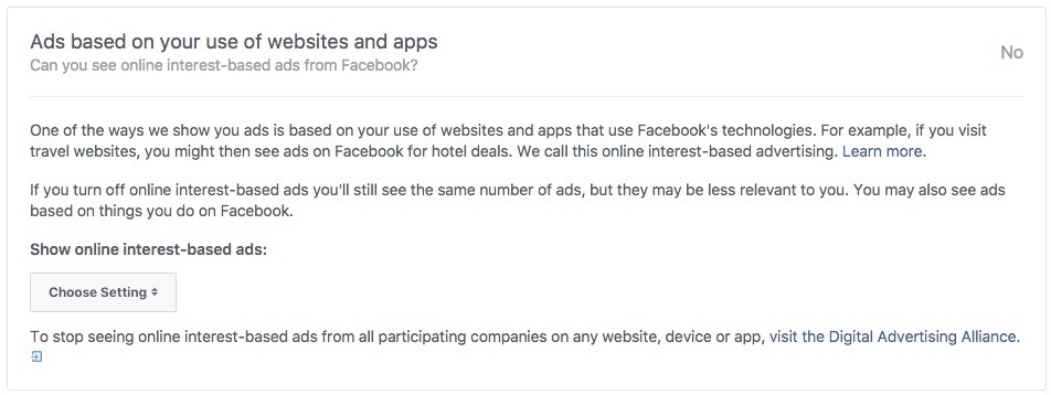 تبلیغات فیس بوک بر اساس استفاده شما از وب سایت ها و برنامه ها