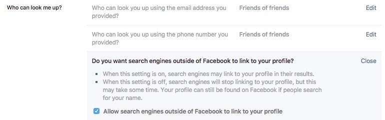 فیس بوک چه کسی می تواند به من نگاه تنظیمات موتورهای جستجو